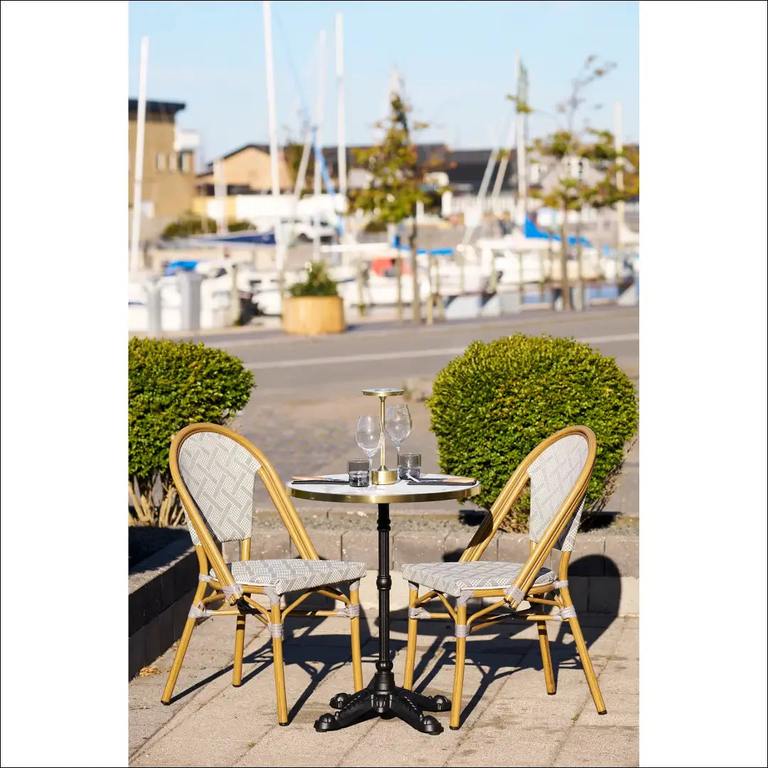 Bistro stalas marmuro imitacijos baltas su auksiniais kraštais juodos kojelės ketaus ø60x73 cm RD1101 - €189 Save 15%
