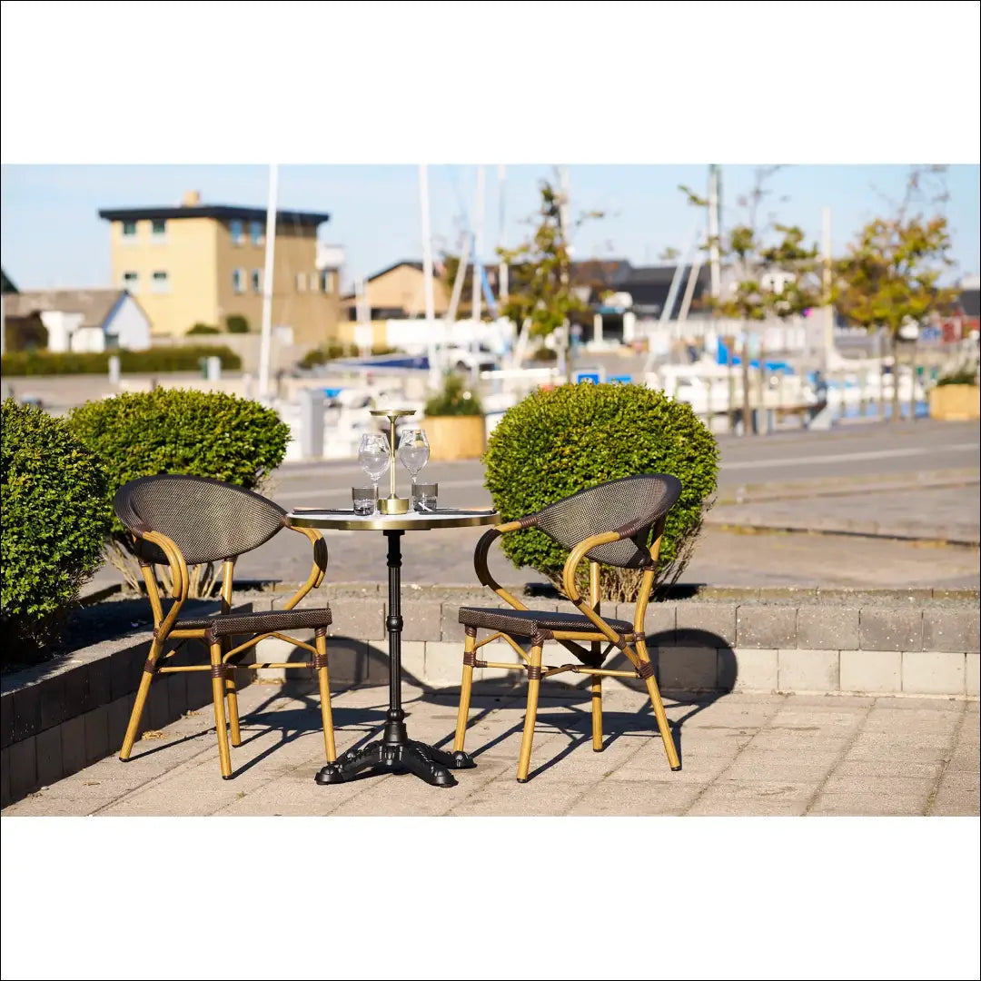 Bistro stalas marmuro imitacijos baltas su auksiniais kraštais juodos kojelės ketaus ø60x73 cm RD1101 - €189 Save 15%