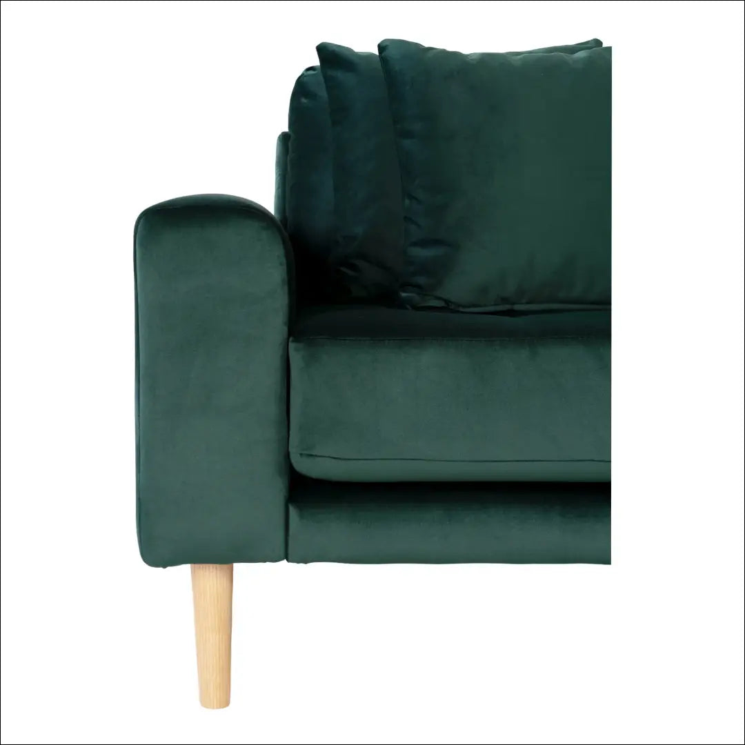 Dešinės pusės poilsio sofa iš tamsiai žalio aksomo su keturiomis pagalvėlėmis ir natūralaus medžio kojelėmis RD146