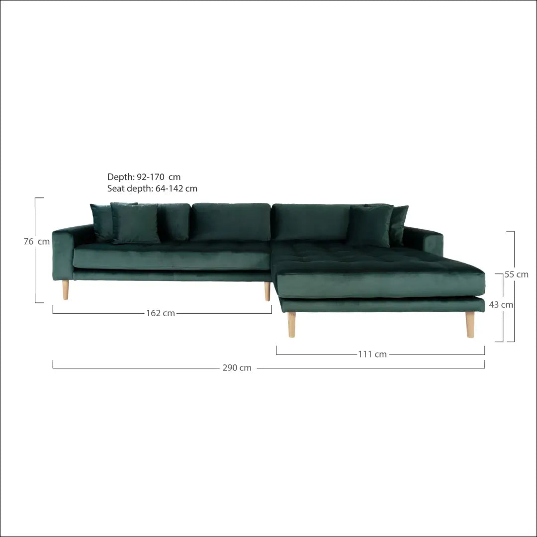 Dešinės pusės poilsio sofa iš tamsiai žalio aksomo su keturiomis pagalvėlėmis ir natūralaus medžio kojelėmis RD146