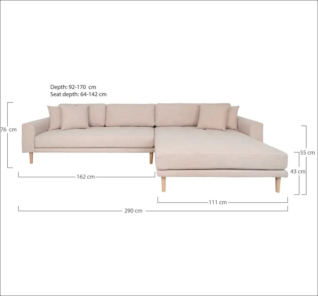 Dešinės pusės poilsio sofa smėlio spalvos su keturiomis pagalvėlėmis ir natūralaus medžio kojelėmis RD203 - €1,479 Save