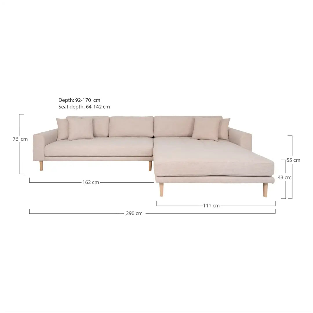 Dešinės pusės poilsio sofa smėlio spalvos su keturiomis pagalvėlėmis ir natūralaus medžio kojelėmis RD203 - €1,479 Save