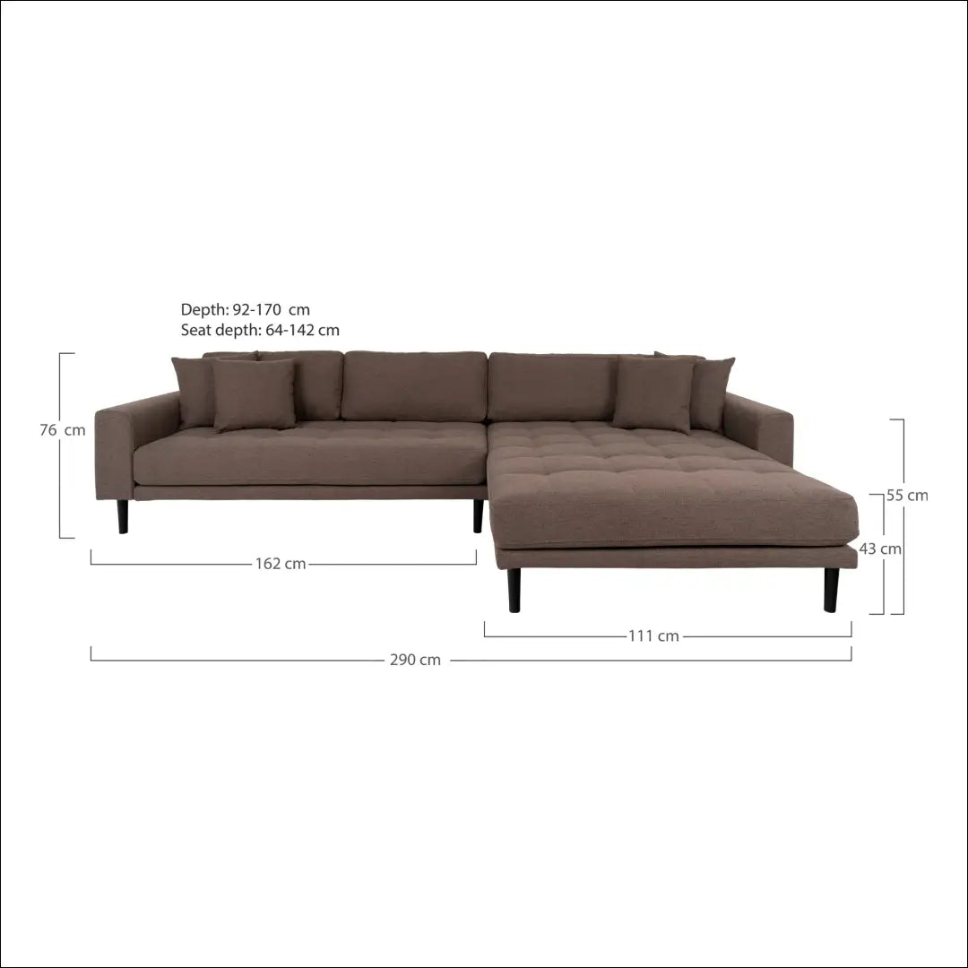 Dešinės pusės ruda sofa su keturiomis pagalvėlėmis ir juodomis medinėmis kojelėmis RD205 - €1,479 Save 15%