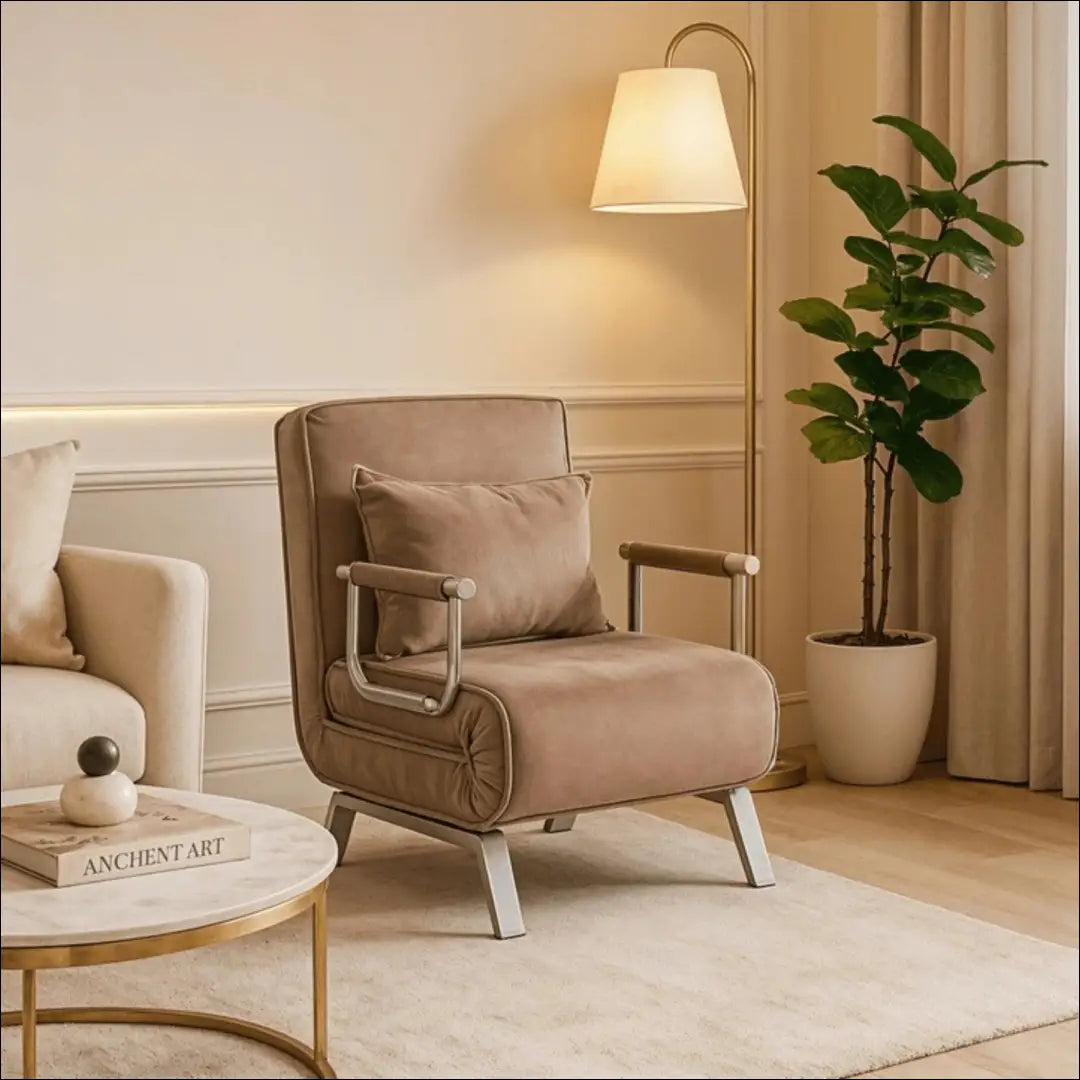 Išskleidžiamas fotelis su veliūro audiniu smėlio spalvos TE813 - €182 Save 15% 100-200, __label:Pristatymas 5-14 d.d.,