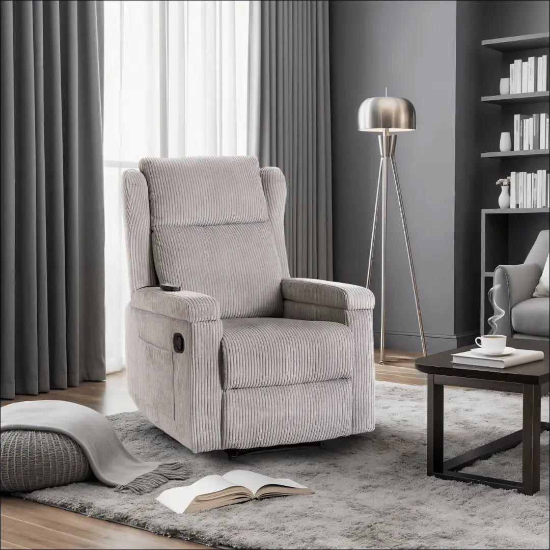 Išskleidžiamas masažinis fotelis su korduro audiniu pilkos spalvos / smėlio TE821 - €319 Save 15% __label:Pristatymas