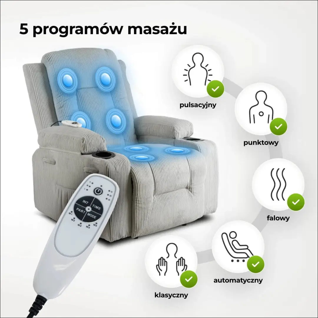 Išskleidžiamas masažinis fotelis su korduro audiniu pilkos spalvos TE498 - €323 Save 15% __label:Pristatymas 5-14 d.d.,