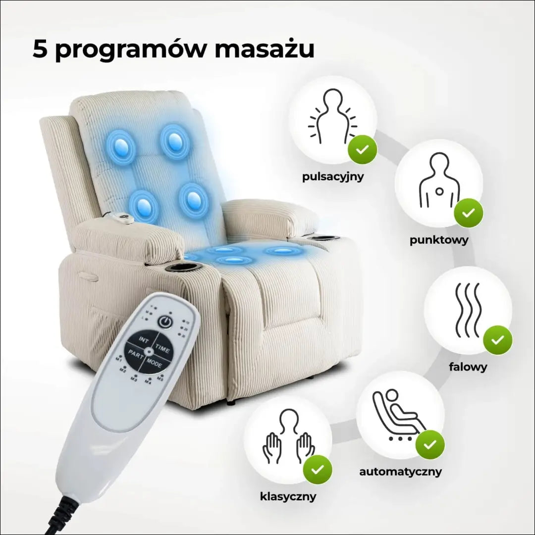 Išskleidžiamas masažinis fotelis su korduro audiniu smėlio spalvos TE501 - €323 Save 15% __label:Pristatymas 5-14 d.d.,