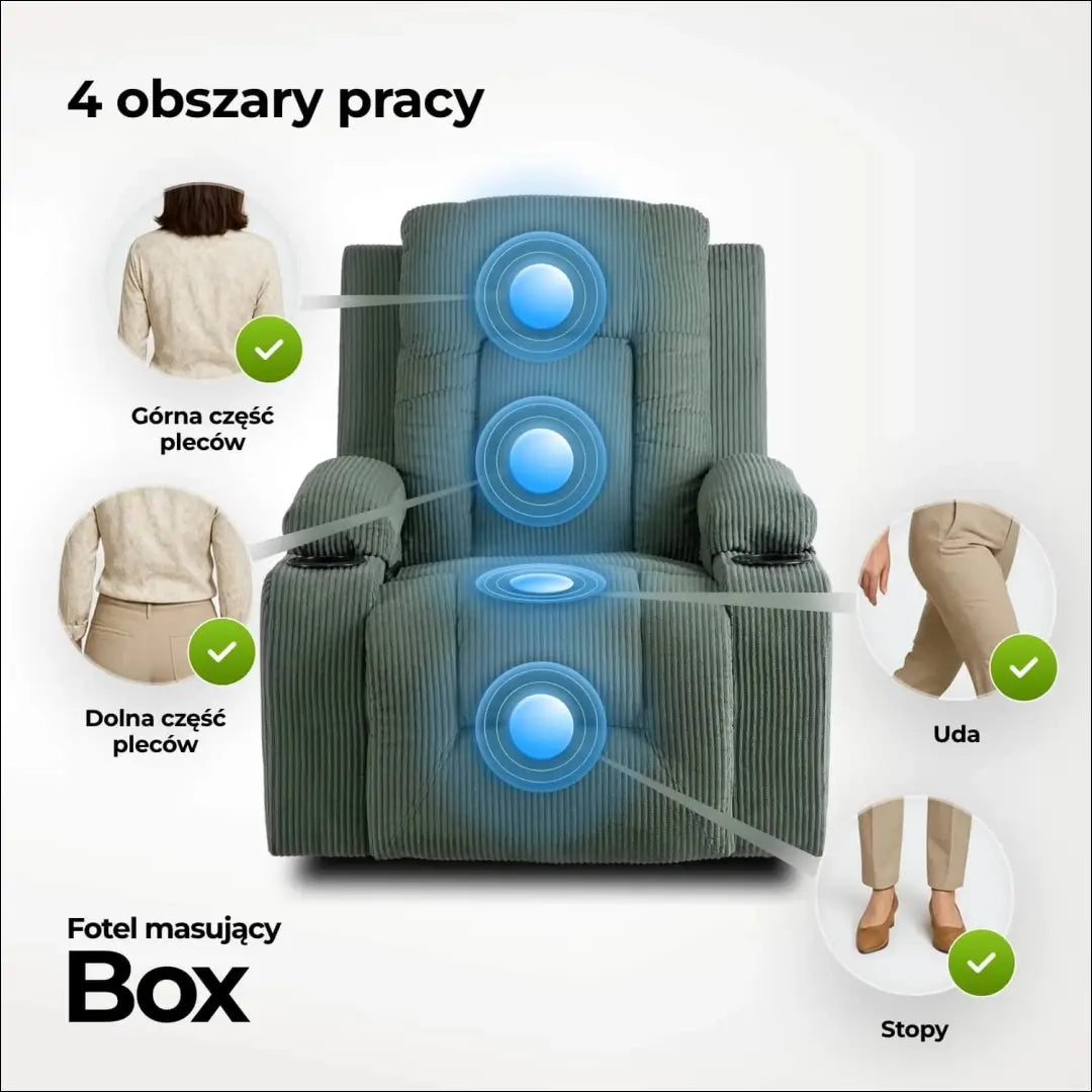 Išskleidžiamas masažinis fotelis su korduro audiniu žalios spalvos TE500 - €323 Save 15% __label:Pristatymas 5-14 d.d.,