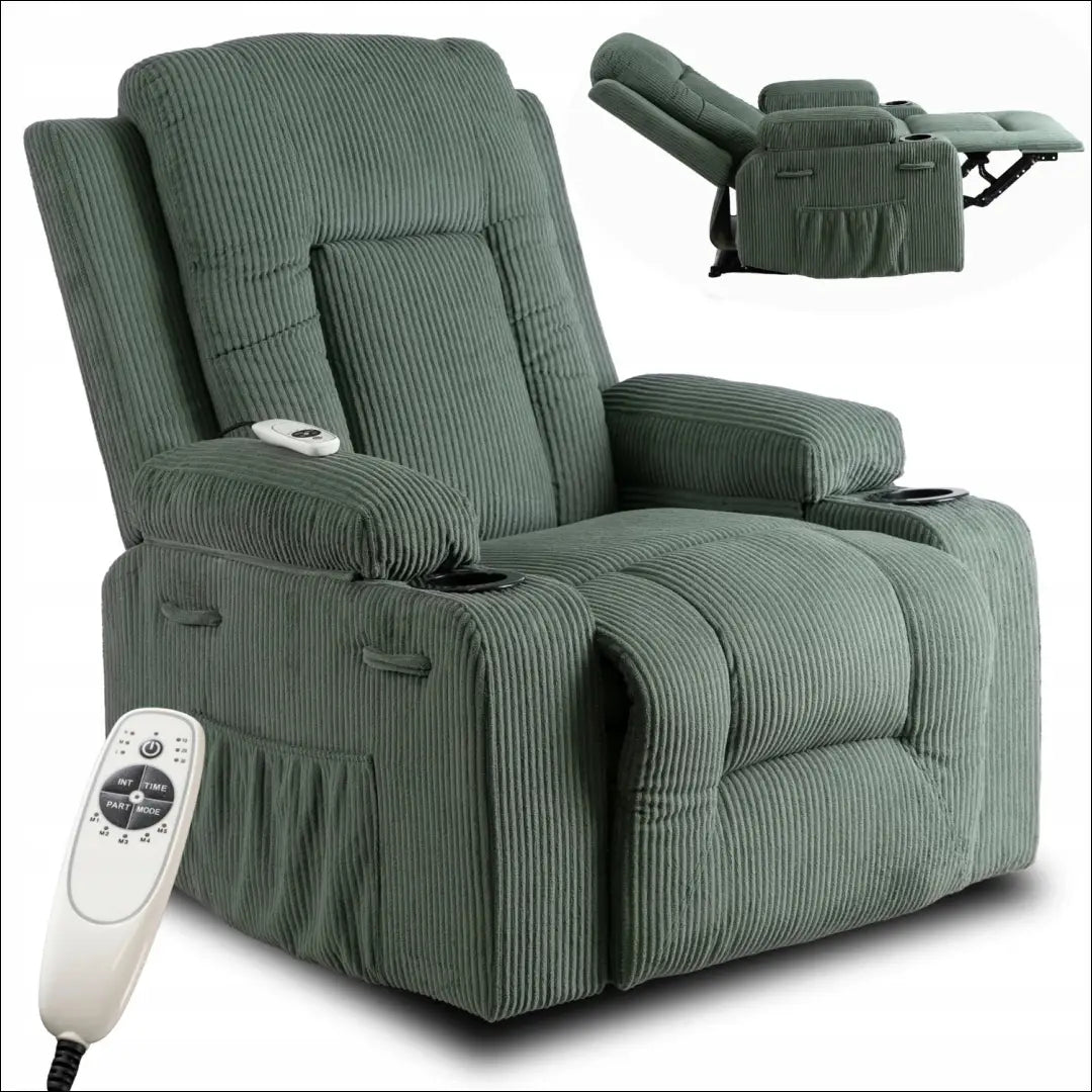 Išskleidžiamas masažinis fotelis su korduro audiniu žalios spalvos TE500 - €323 Save 15% __label:Pristatymas 5-14 d.d.,