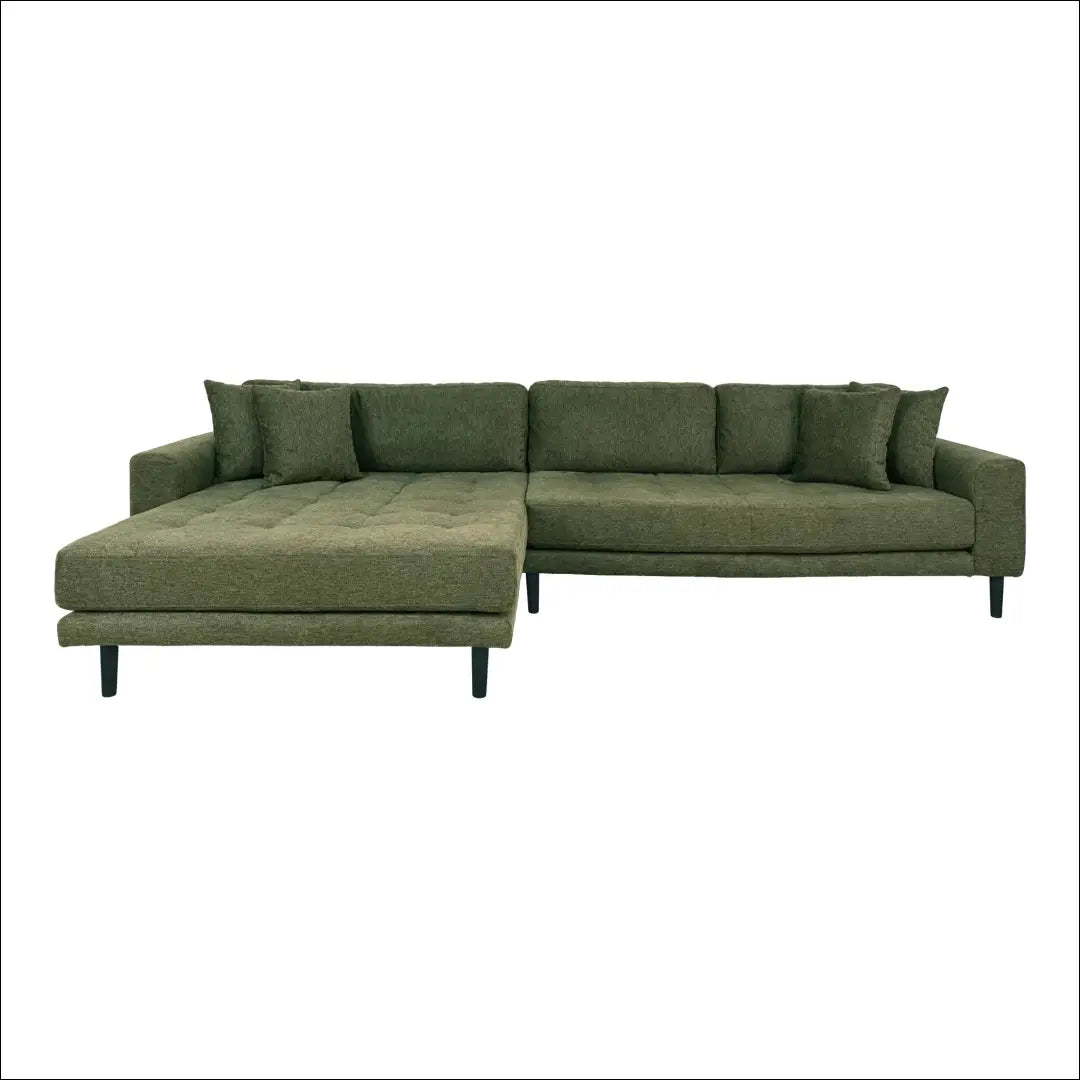 Kairinė alyvuogių žalios spalvos poilsio sofa su keturiomis pagalvėlėmis ir juodomis medinėmis kojelėmis RD198 - €1,479