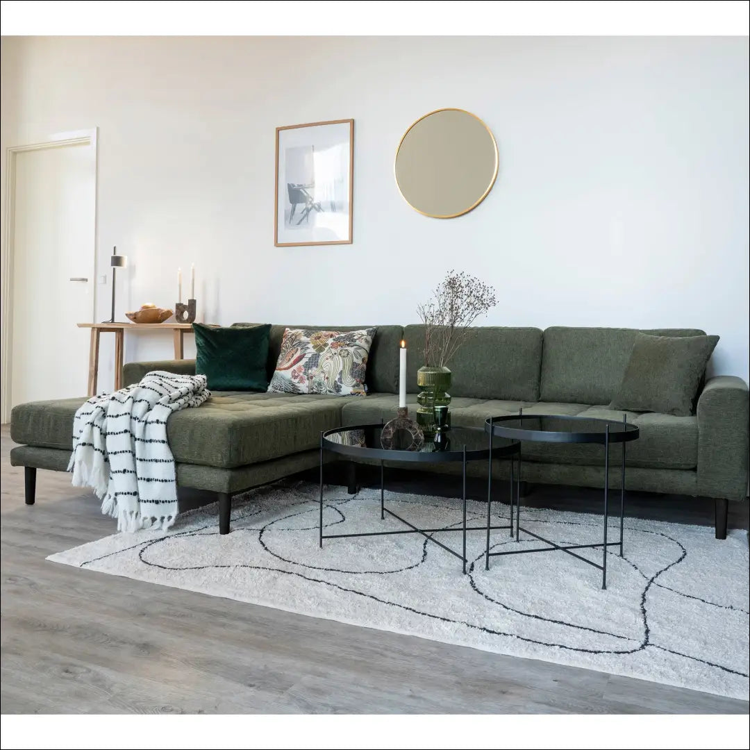 Kairinė alyvuogių žalios spalvos poilsio sofa su keturiomis pagalvėlėmis ir juodomis medinėmis kojelėmis RD198 - €1,479