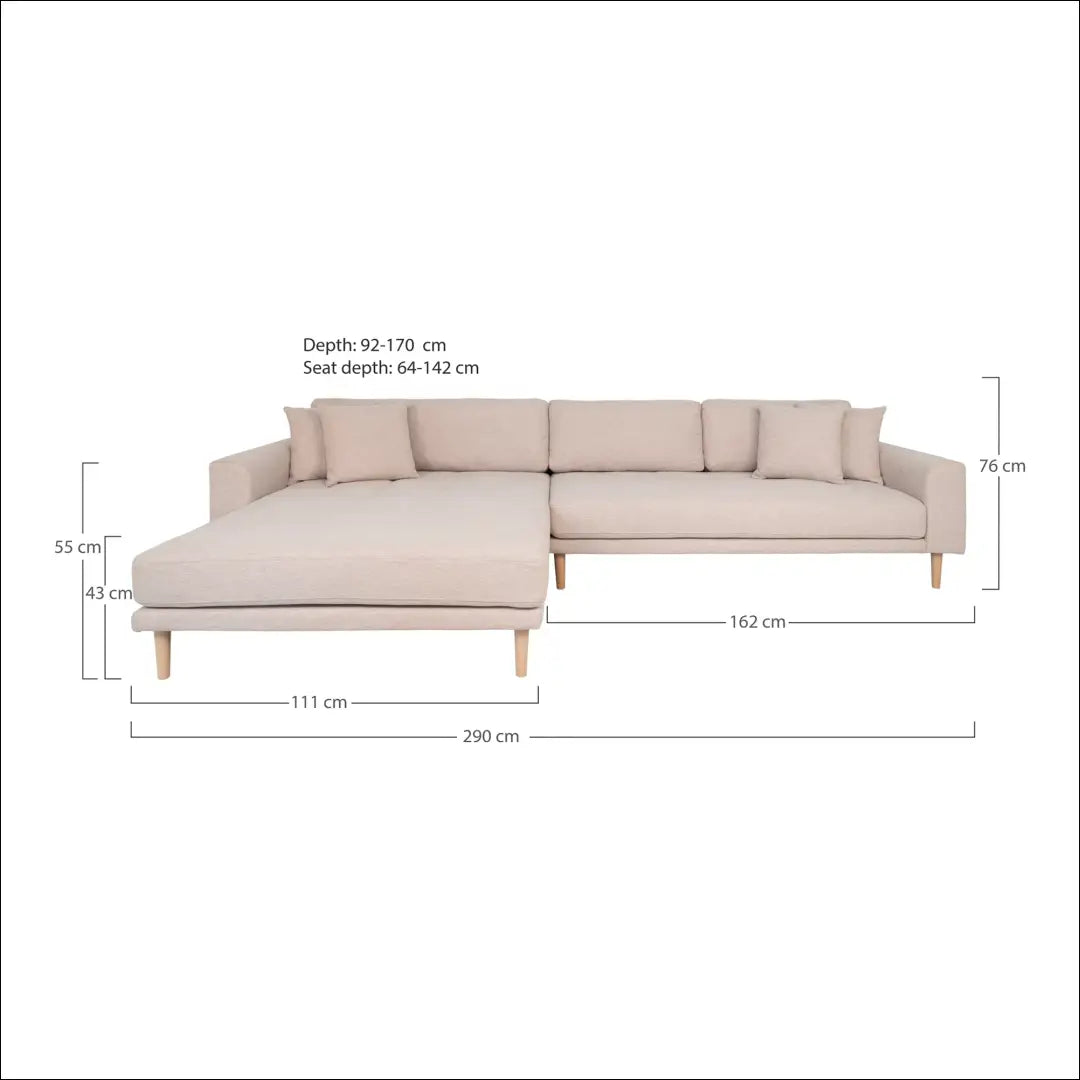 Kairinė poilsio sofa smėlio spalvos su keturiomis pagalvėlėmis ir natūralaus medžio kojelėmis RD204 - €1,479 Save 15%
