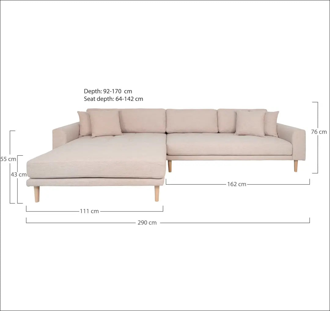 Kairinė poilsio sofa smėlio spalvos su keturiomis pagalvėlėmis ir natūralaus medžio kojelėmis RD204 - €1,479 Save 15%