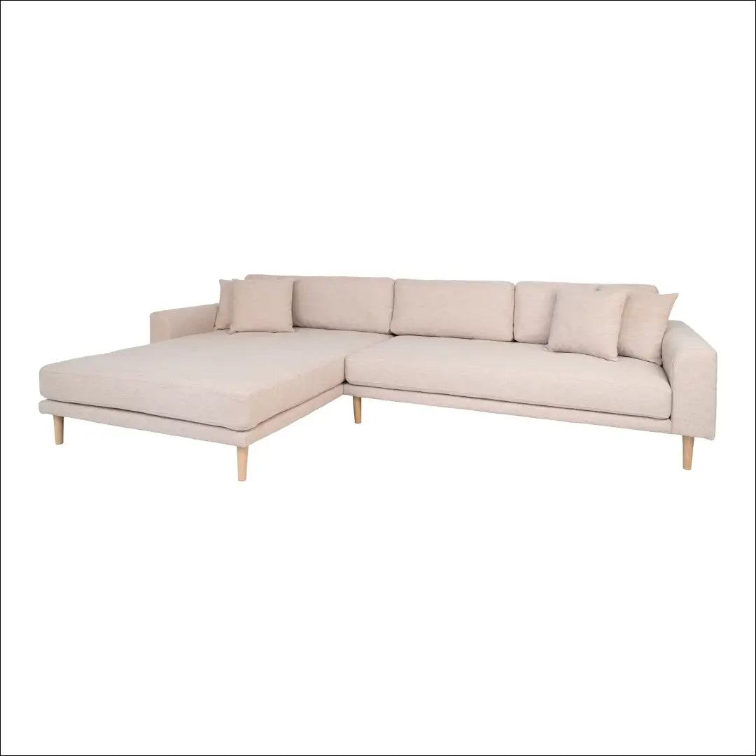 Kairinė poilsio sofa smėlio spalvos su keturiomis pagalvėlėmis ir natūralaus medžio kojelėmis RD204 - €1,479 Save 15%