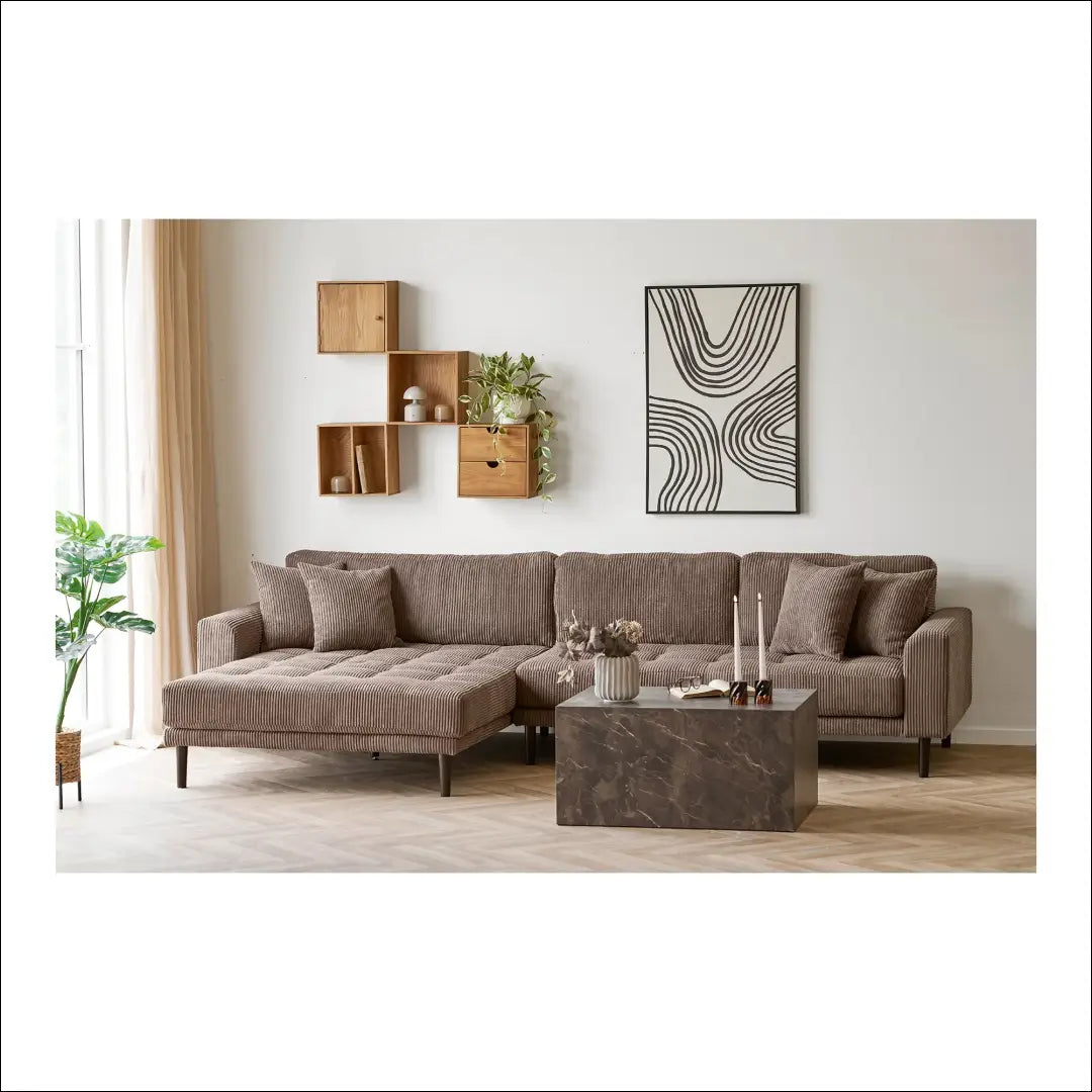 Kairinė poilsio sofa su rudu velvetiniu audiniu keturiomis pagalvėlėmis ir juodomis medinėmis kojelėmis RD207 - €1,413