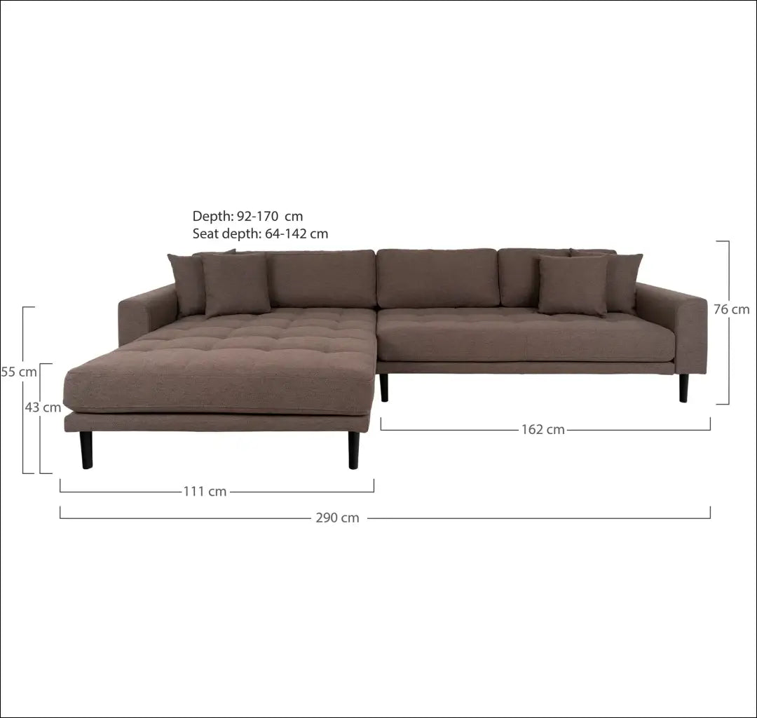 Kairinė rudos spalvos poilsio sofa su keturiomis pagalvėlėmis ir juodomis medinėmis kojelėmis RD206 - €1,479 Save 15%