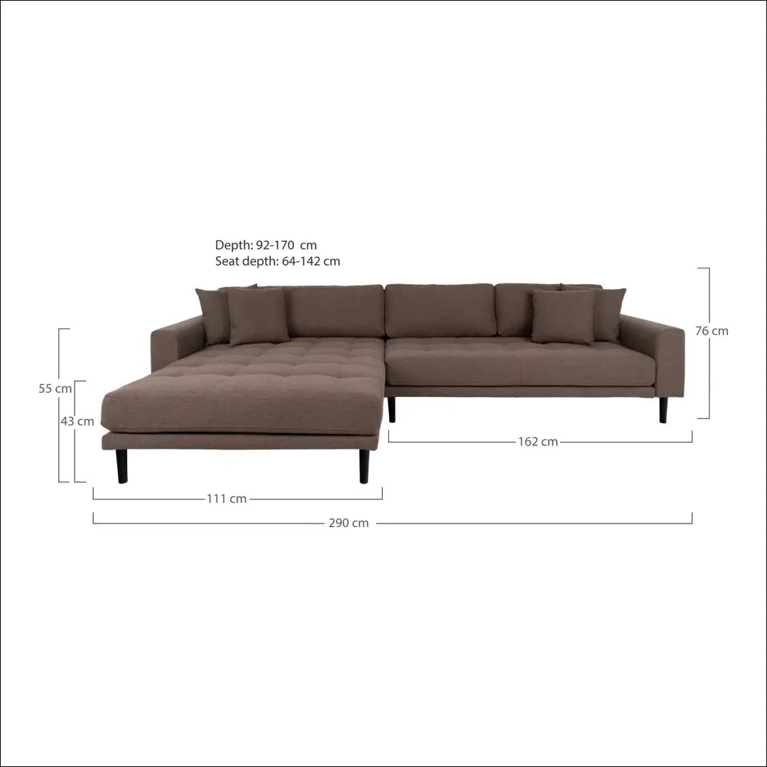 Kairinė rudos spalvos poilsio sofa su keturiomis pagalvėlėmis ir juodomis medinėmis kojelėmis RD206 - €1,479 Save 15%