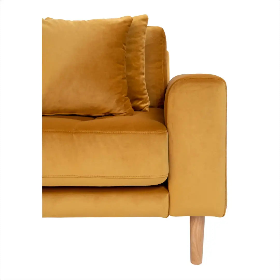 Kairinė sofa su garstyčių geltonumo aksomu keturiomis pagalvėlėmis ir natūralaus medžio kojelėmis RD148 - €1,479 Save