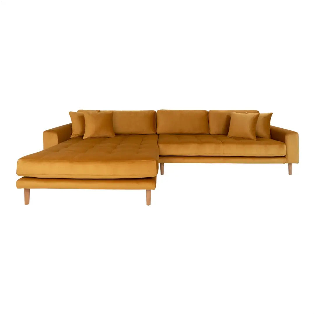 Kairinė sofa su garstyčių geltonumo aksomu keturiomis pagalvėlėmis ir natūralaus medžio kojelėmis RD148 - €1,479 Save