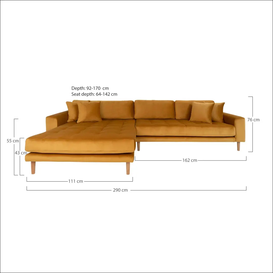 Kairinė sofa su garstyčių geltonumo aksomu keturiomis pagalvėlėmis ir natūralaus medžio kojelėmis RD148 - €1,479 Save
