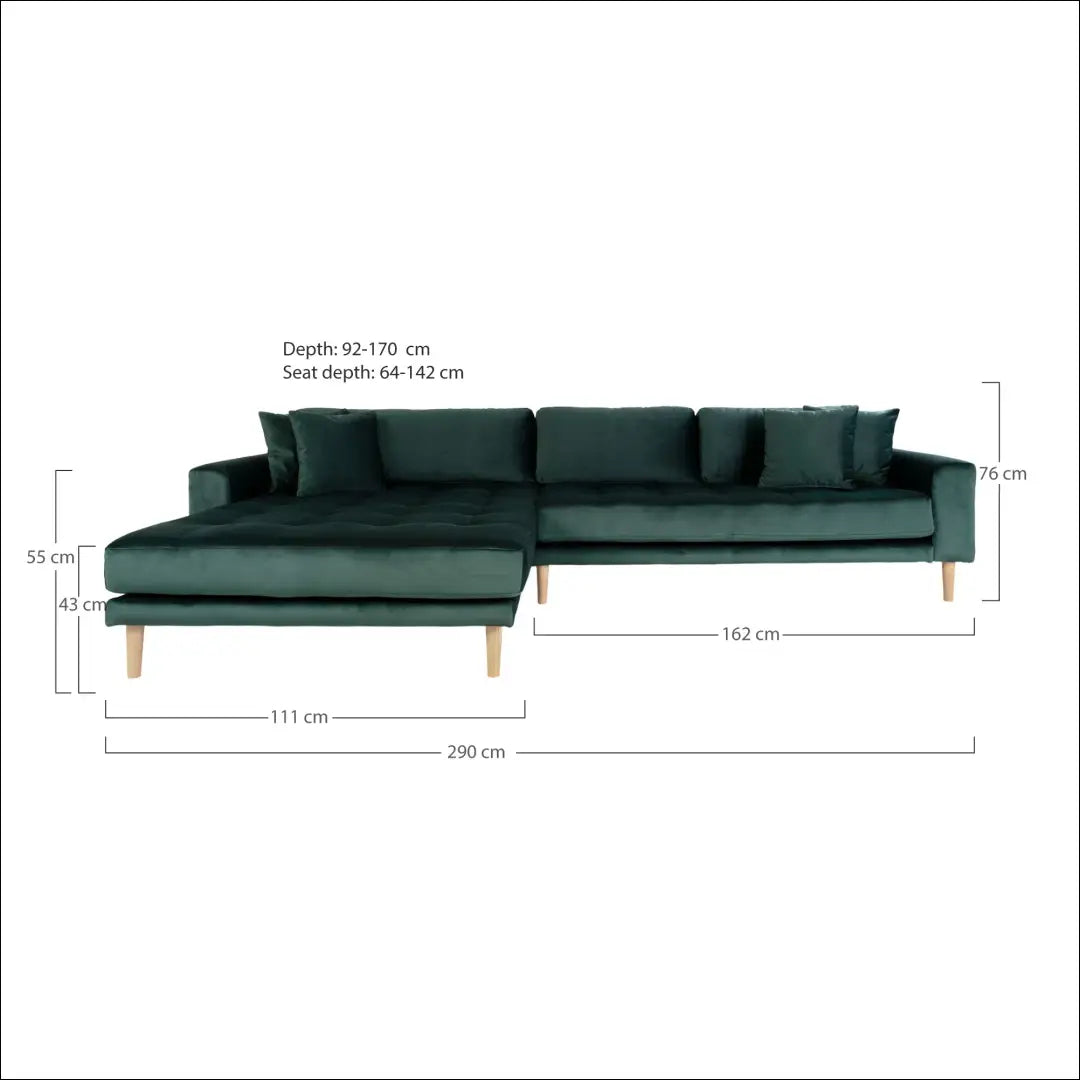 Kairinė sofa su tamsiai žaliu aksomu keturiomis pagalvėlėmis ir natūralaus medžio kojelėmis RD149 - €1,479 Save 15%