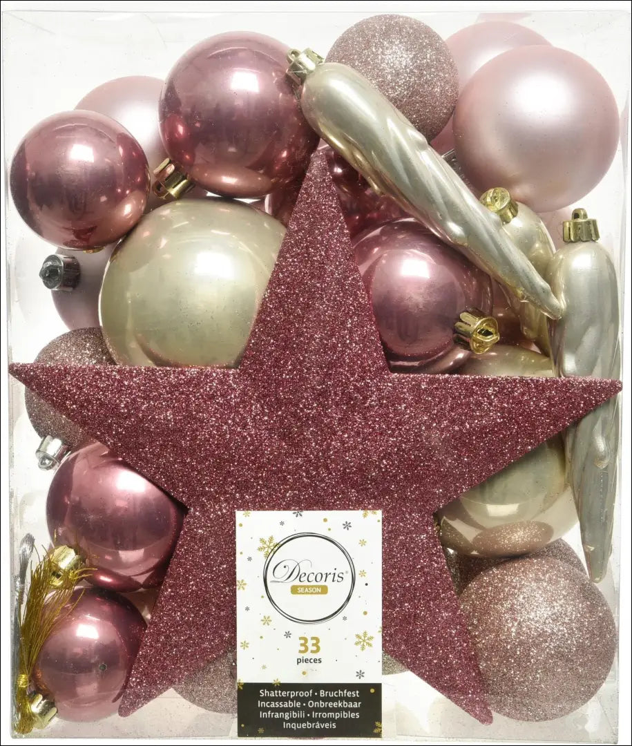 Kalėdinių žaisliukų komplektas (33vnt) DI4746 - €12 Save 50% __label:Pristatymas 1-2 d.d., color-auksine, color-rozine,