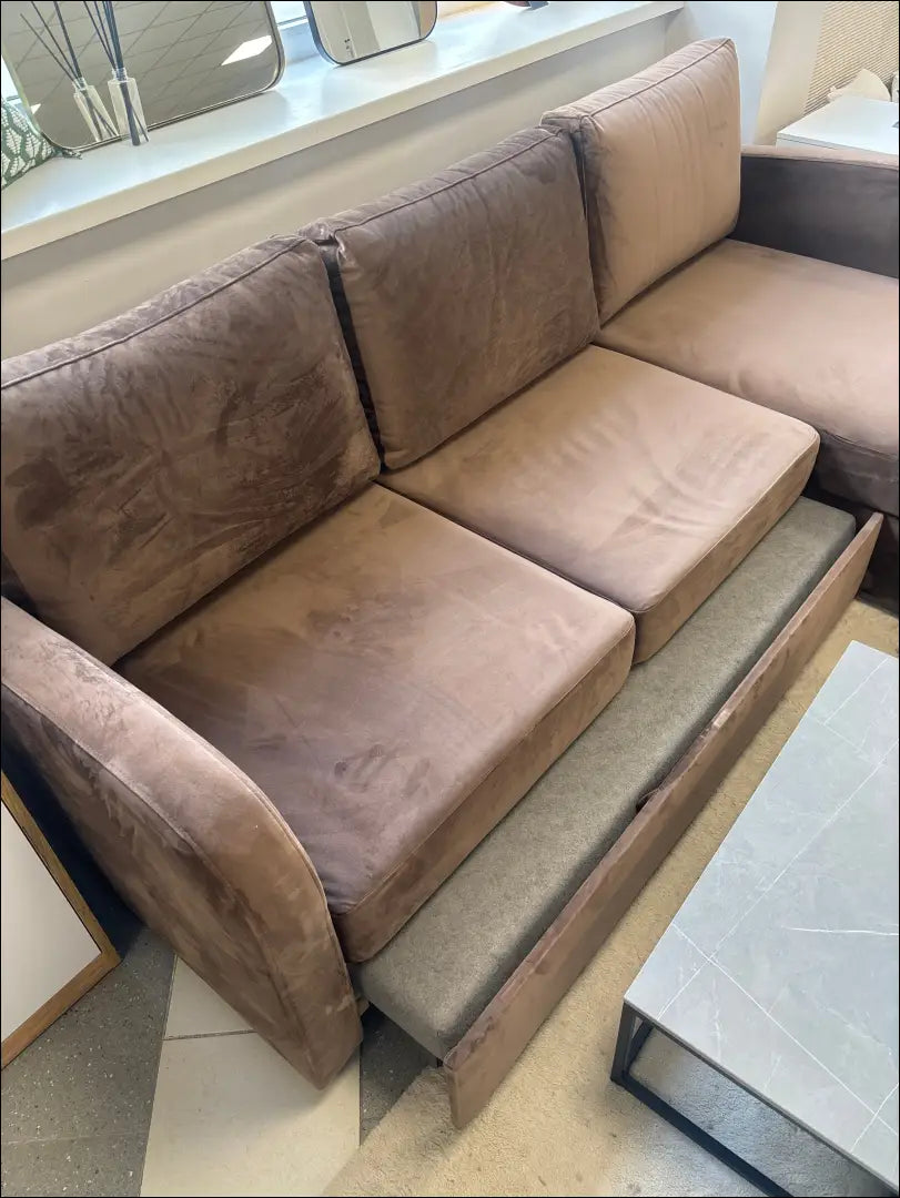 Kampinė sofa-lova MI1008 - €250 __label:Pristatymas 1-2 d.d., color-ruda, material-gobelenas, over-200, pazeistas
