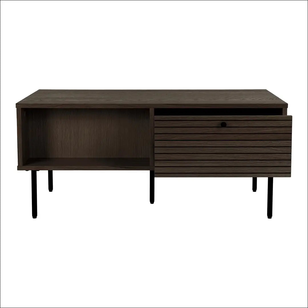 Kavos staliukas 2 stalčiai ąžuolo fanera dūminės spalvos juodo metalo kojelės 50x100x45 cm RD338 - €293 Save 15%