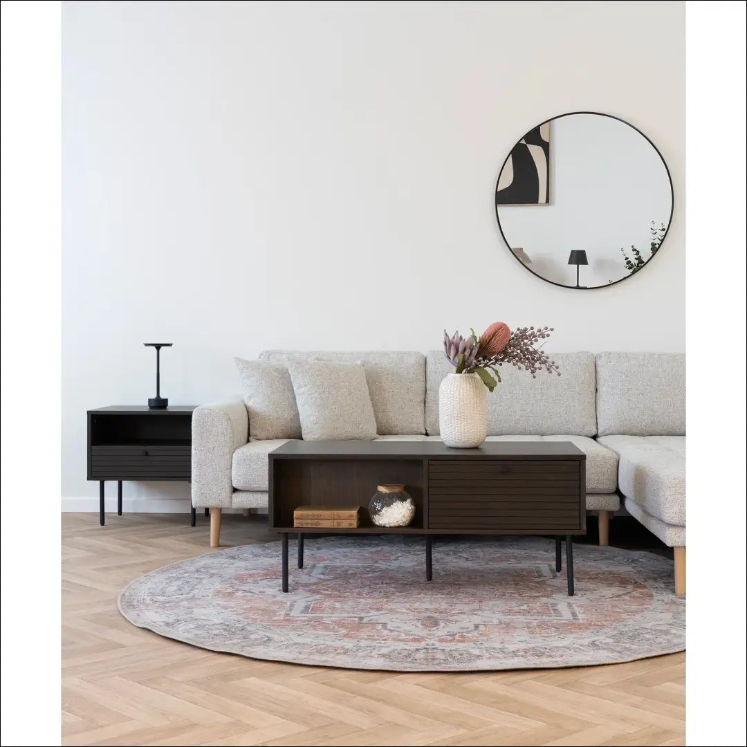 Kavos staliukas 2 stalčiai ąžuolo fanera dūminės spalvos juodo metalo kojelės 50x100x45 cm RD338 - €293 Save 15%