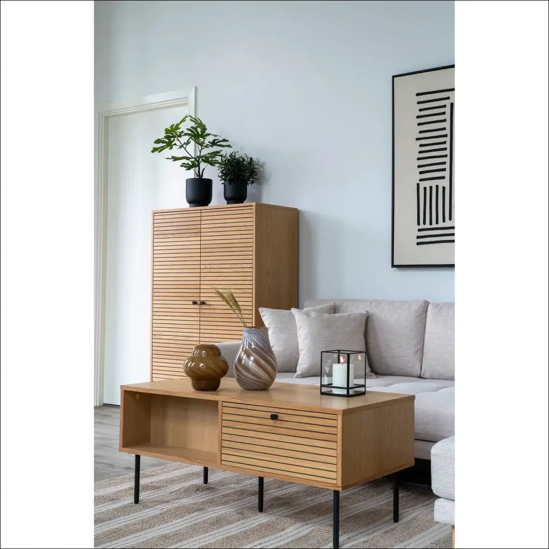Kavos staliukas 2 stalčiai ąžuolo fanera natūralios spalvos juodos metalinės kojelės 50x100x45 cm RD337 - €259 Save 15%