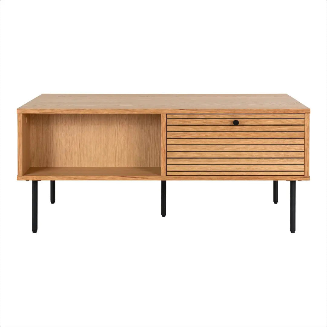 Kavos staliukas 2 stalčiai ąžuolo fanera natūralios spalvos juodos metalinės kojelės 50x100x45 cm RD337 - €259 Save 15%