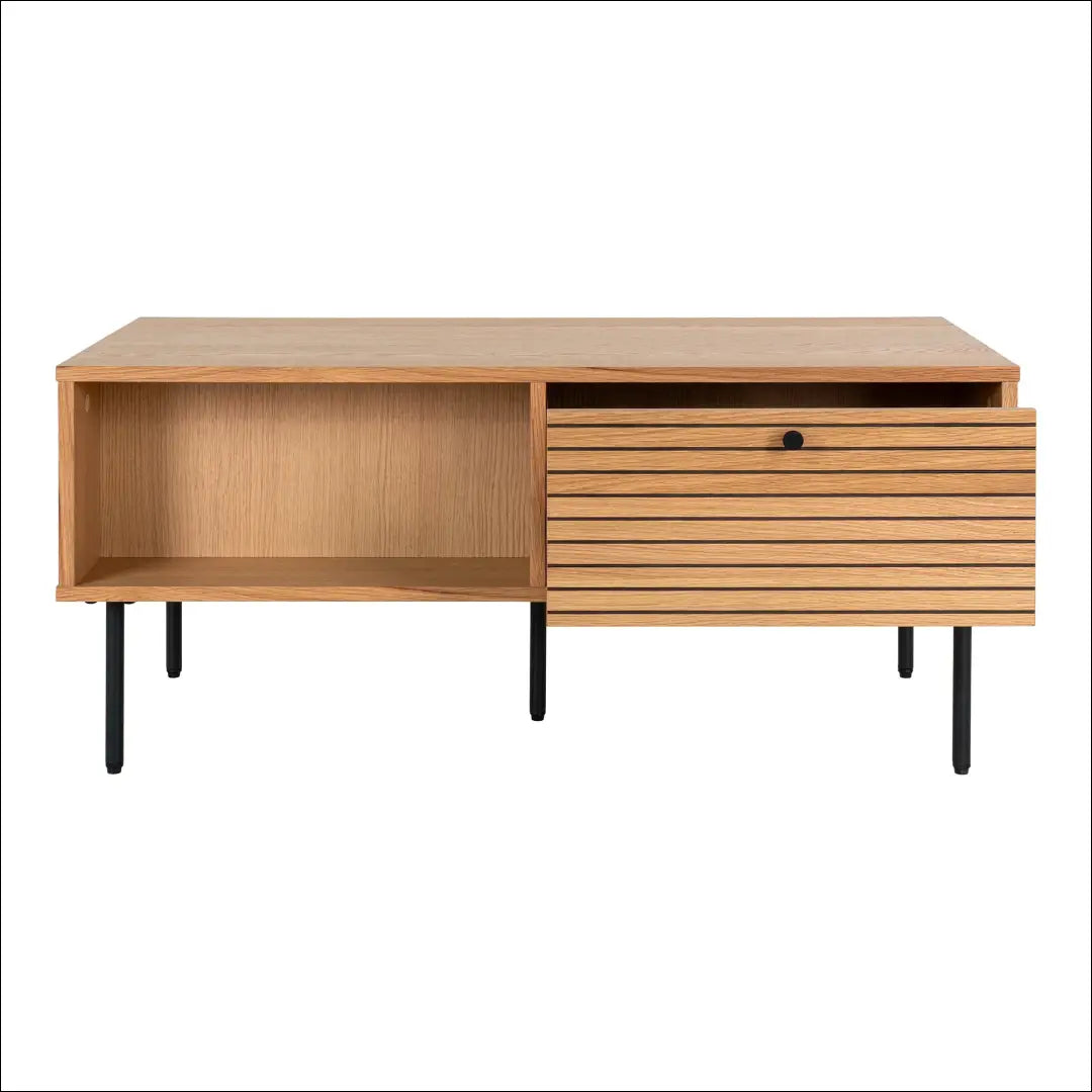 Kavos staliukas 2 stalčiai ąžuolo fanera natūralios spalvos juodos metalinės kojelės 50x100x45 cm RD337 - €259 Save 15%