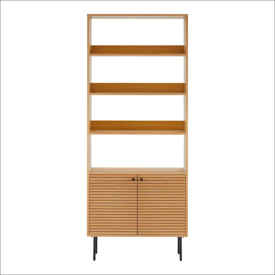 Knygų lentyna 2 durelės 4 lentynos ąžuolo fanera natūrali spalva juodos metalinės kojelės 80x30x200 cm RD508 - €486