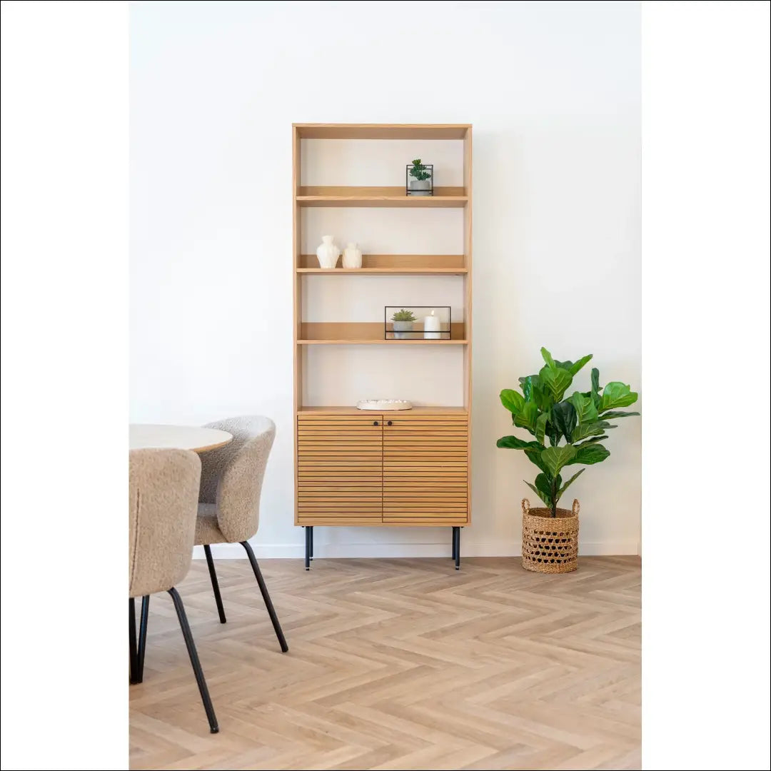 Knygų lentyna 2 durelės 4 lentynos ąžuolo fanera natūrali spalva juodos metalinės kojelės 80x30x200 cm RD508 - €486