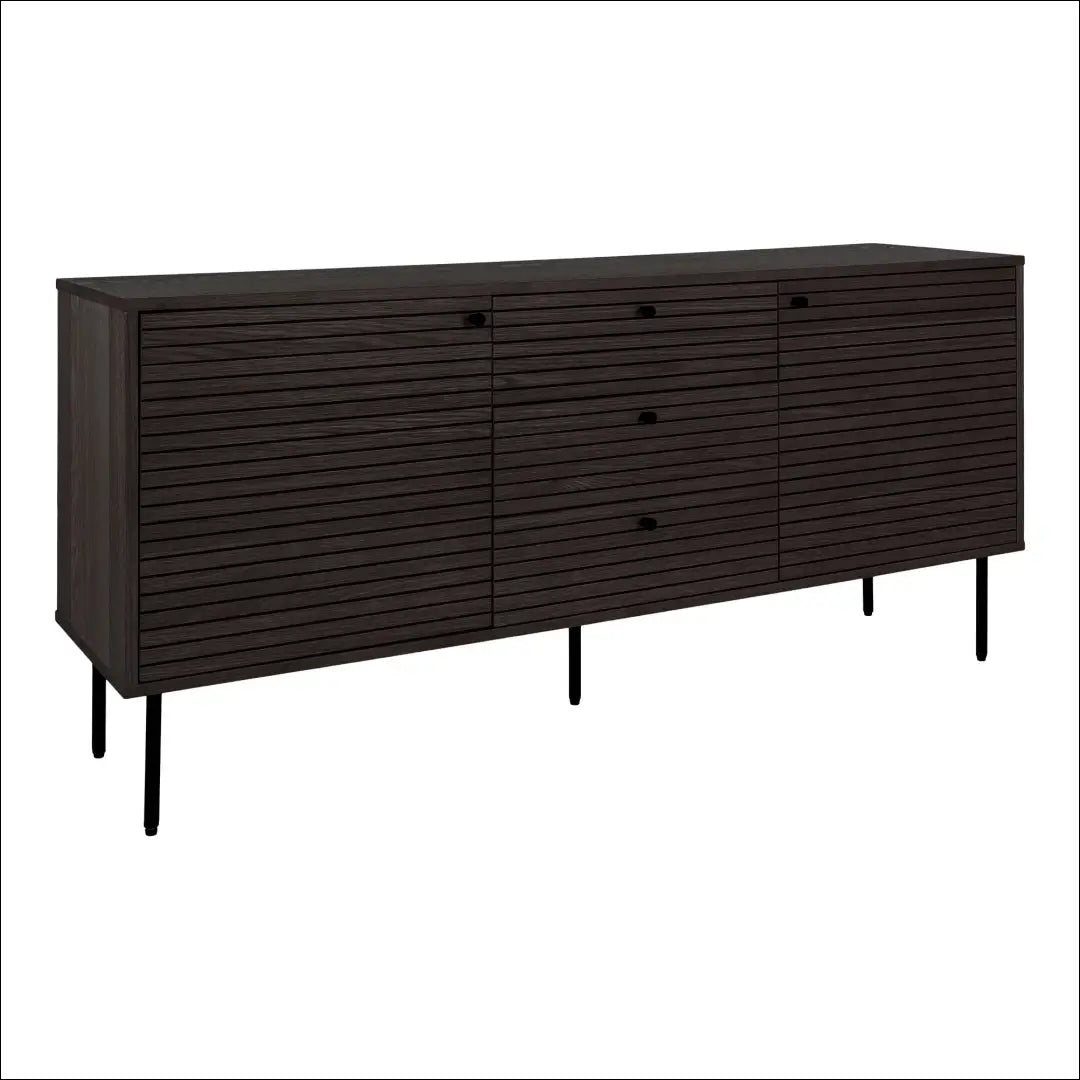 Komoda 3 stalčiai 2 durys ąžuolo fanera dūminė juodos metalinės kojelės 150x40x74 cm RD521 - €511 Save 15%