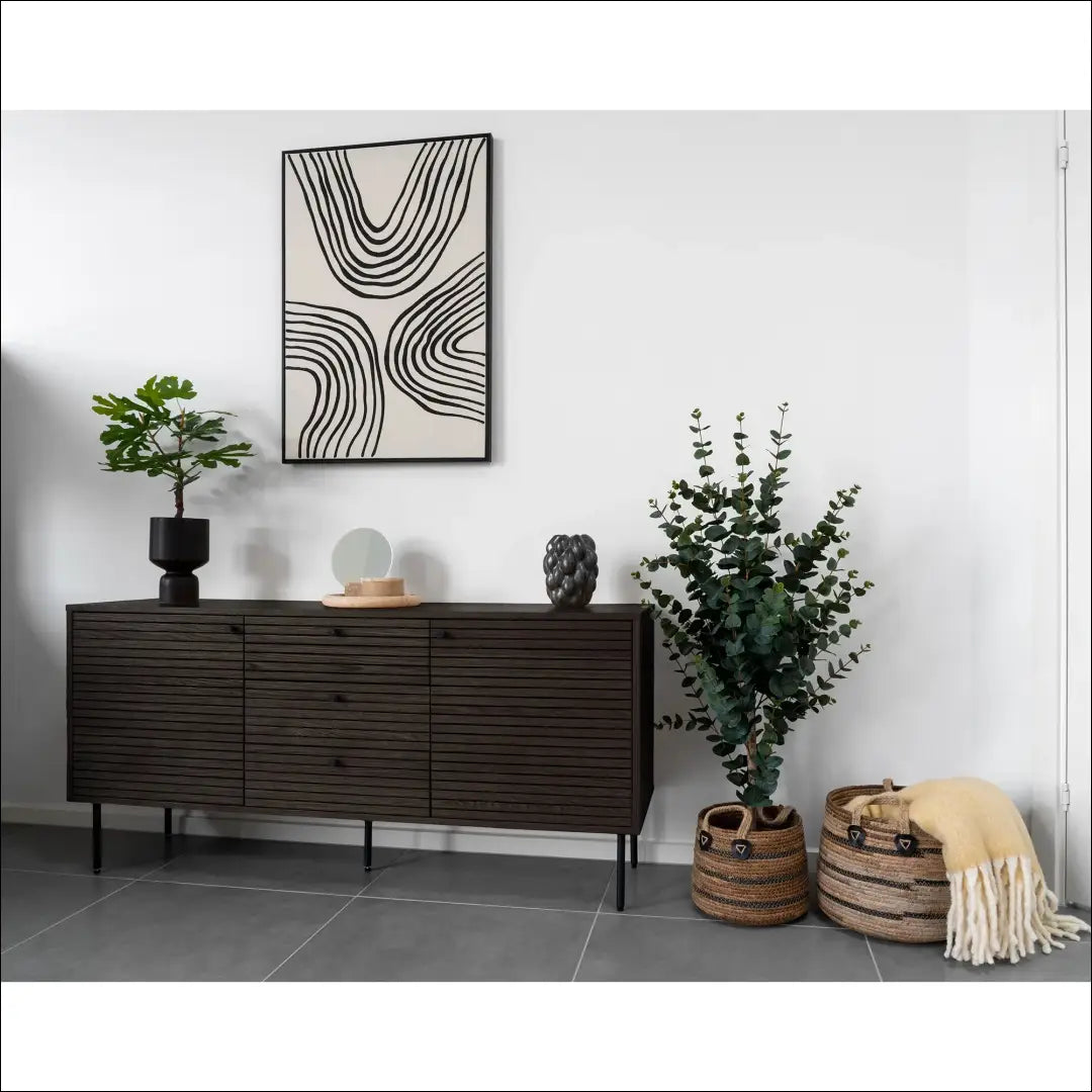 Komoda 3 stalčiai 2 durys ąžuolo fanera dūminė juodos metalinės kojelės 150x40x74 cm RD521 - €511 Save 15%