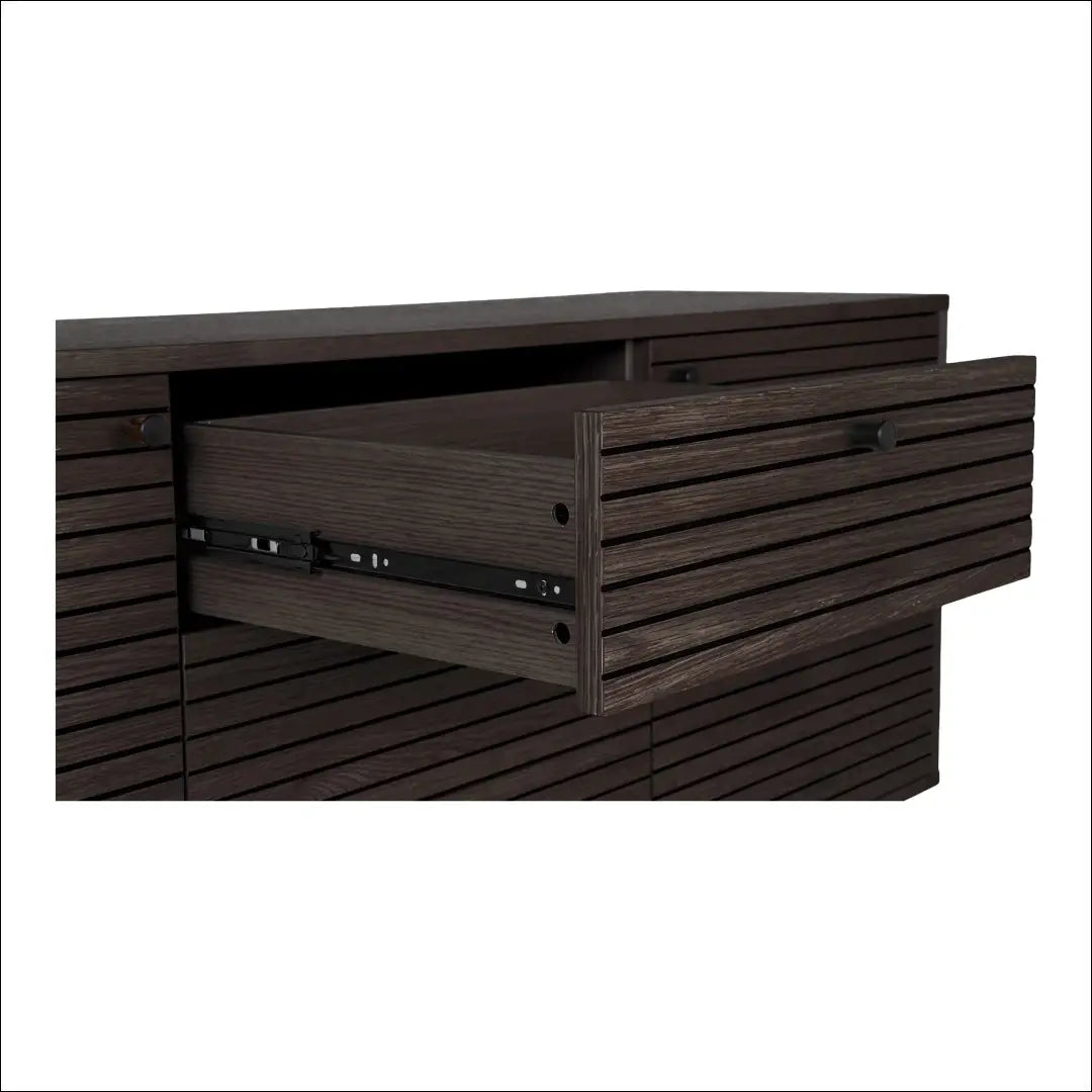 Komoda 3 stalčiai 2 durys ąžuolo fanera dūminė juodos metalinės kojelės 150x40x74 cm RD521 - €511 Save 15%