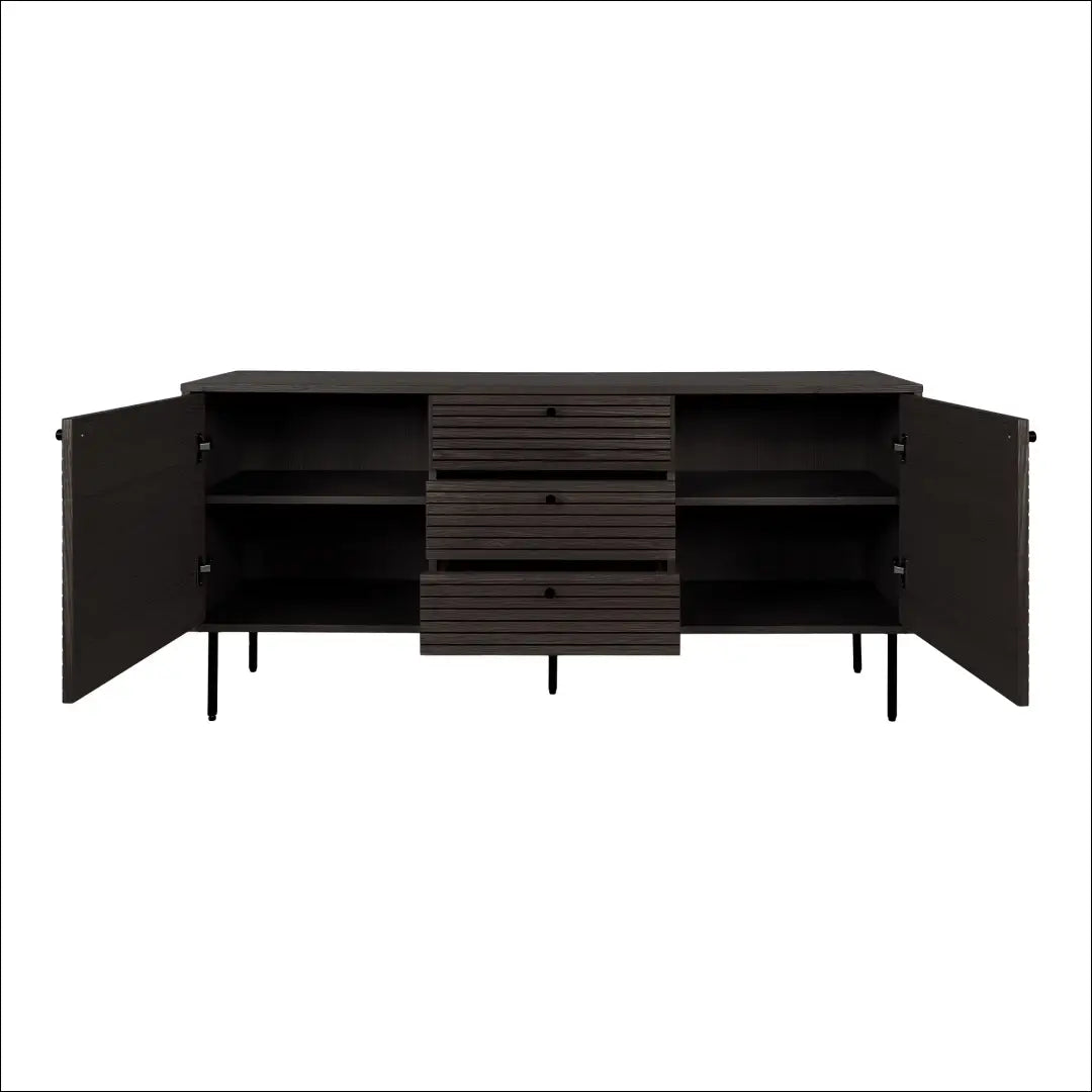 Komoda 3 stalčiai 2 durys ąžuolo fanera dūminė juodos metalinės kojelės 150x40x74 cm RD521 - €511 Save 15%