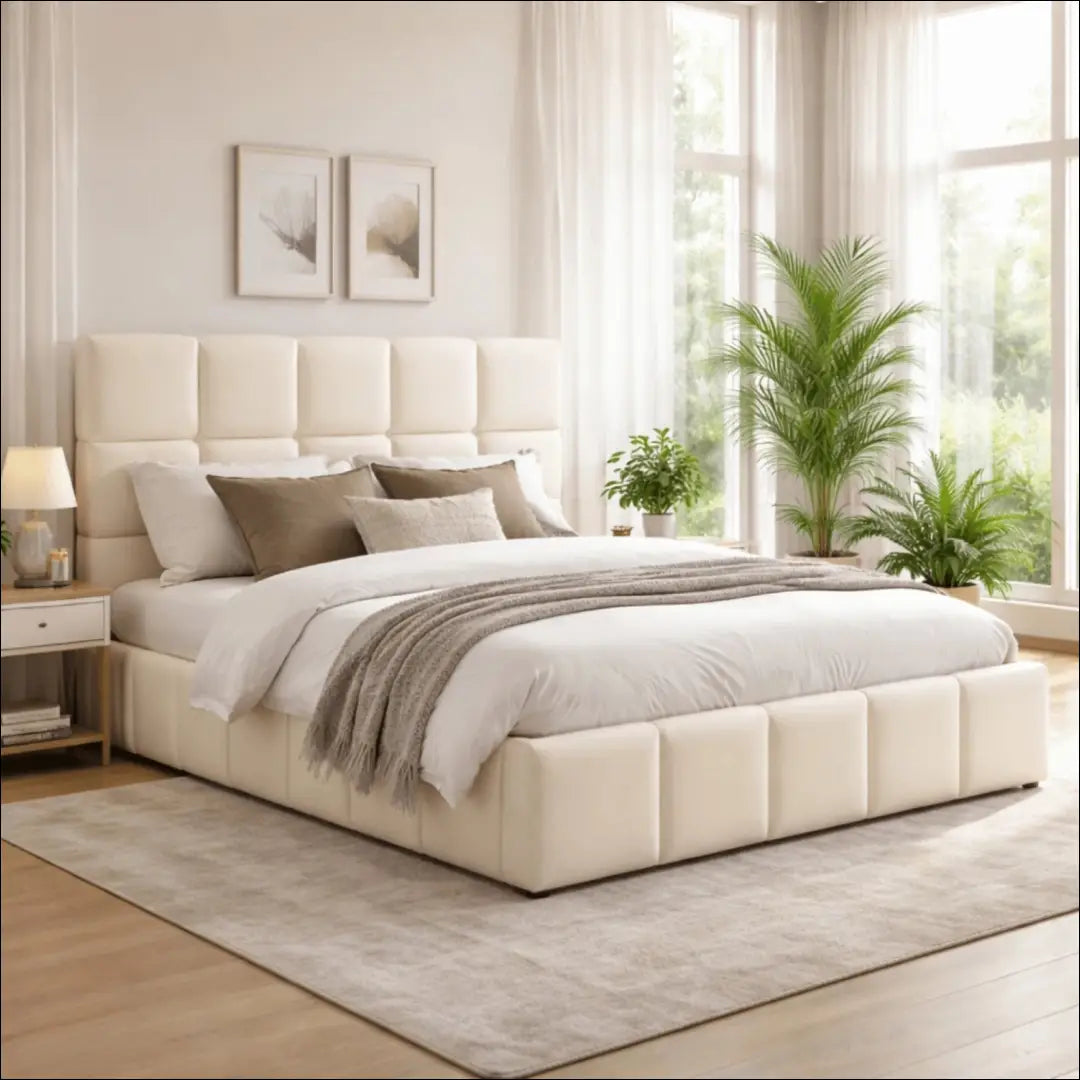 Lova su patalynės dėže buklė audinio audiniu veliūro kreminės spalvos 140x200 TE962 - €443 Save 15% __label:Pristatymas