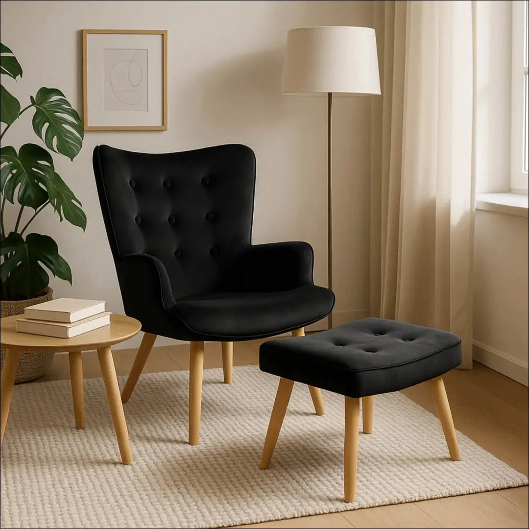 Poilsio fotelis su pakoju ir veliūro audiniu juodos spalvos TE149 - €159 Save 15% 100-200, __label:Pristatymas 5-14