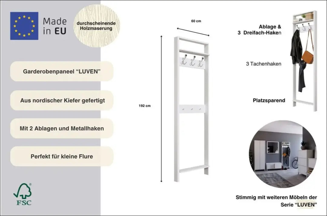 Sieninė kabykla KI1594 - €70 Save 50% 50-100, __label:Pristatymas 1-2 d.d., color-balta, drabuziu-kabykla, €50 to €100