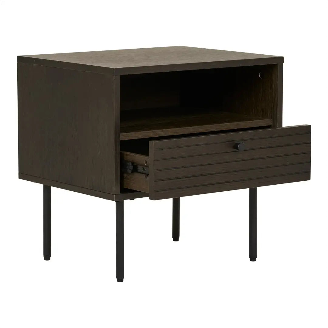 Šoninis staliukas 1 stalčius ąžuolo fanera dūminės spalvos juodo metalo kojelės 50x40x50 cm RD547 - €179 Save 15%