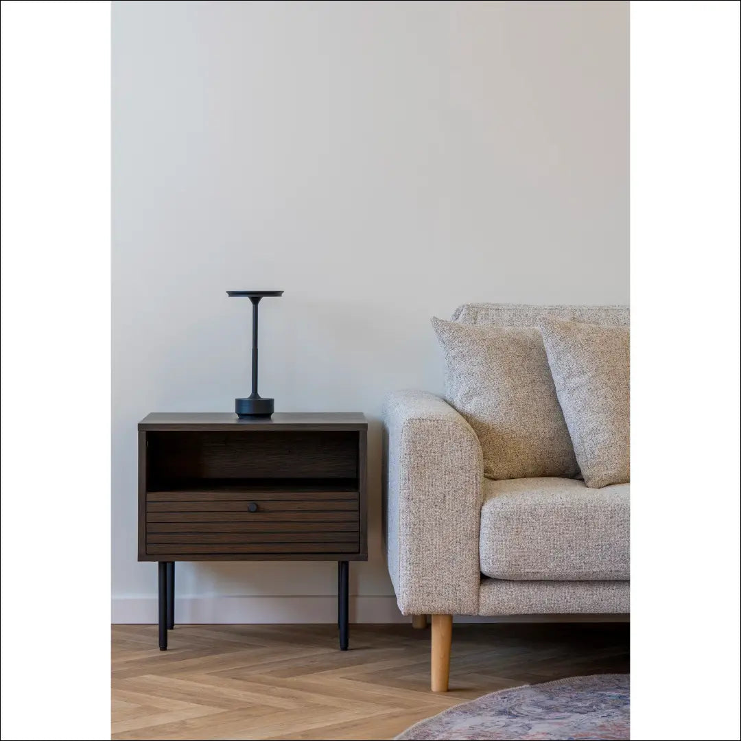 Šoninis staliukas 1 stalčius ąžuolo fanera dūminės spalvos juodo metalo kojelės 50x40x50 cm RD547 - €179 Save 15%