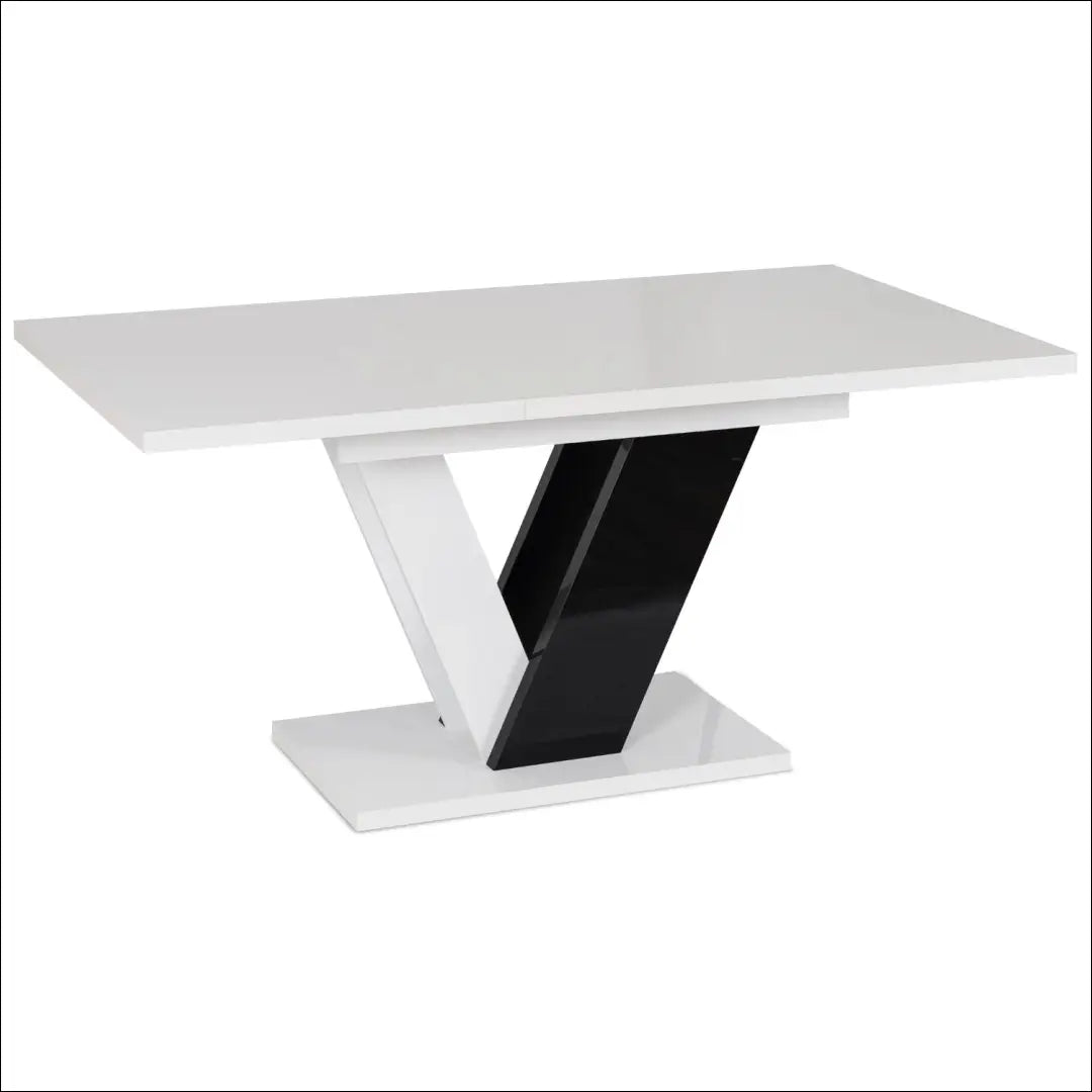 Stalo 120–160 cm juodo/balto blizgio ir 4 tamsiai mėlynų kėdžių komplektas TE2438 - €526 Save 15% __label:Pristatymas