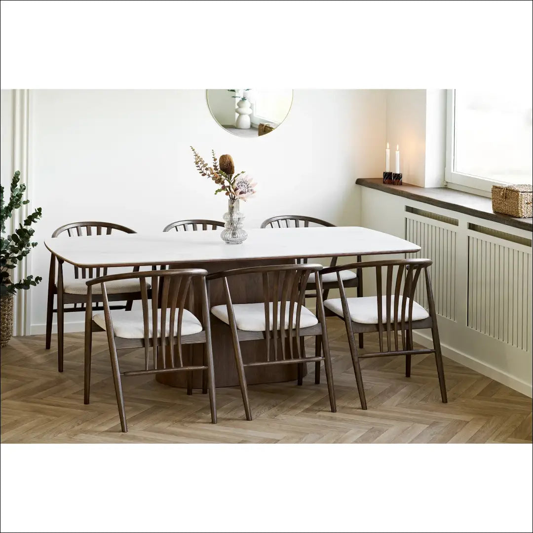 Valgomojo kėdė ąžuolo medienos masyvas su audiniu dūminės/smėlio spalvos RD082 - €257 Save 15% __label:Pristatymas 5-14