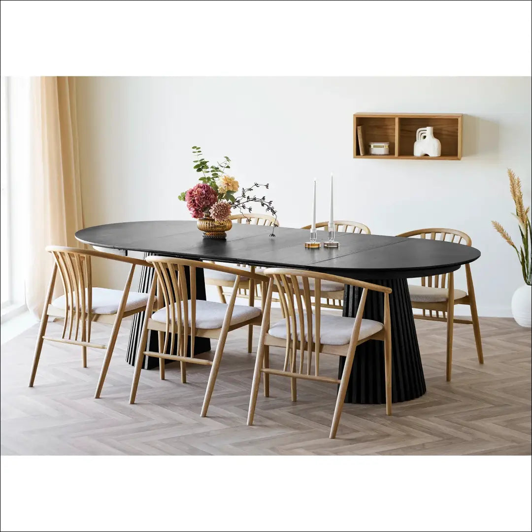 Valgomojo stalas ąžuolo fanera juodas su trimis prailginimo plokštelėmis ø120x120-160-200-240x75 cm RD427 - €1,070 Save