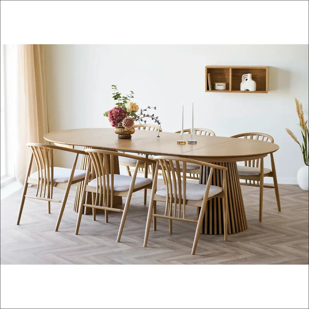 Valgomojo stalas ąžuolo fanera natūralus su trimis prailginimo plokštelėmis ø120x120-160-200-240x75 cm RD425 - €1,038