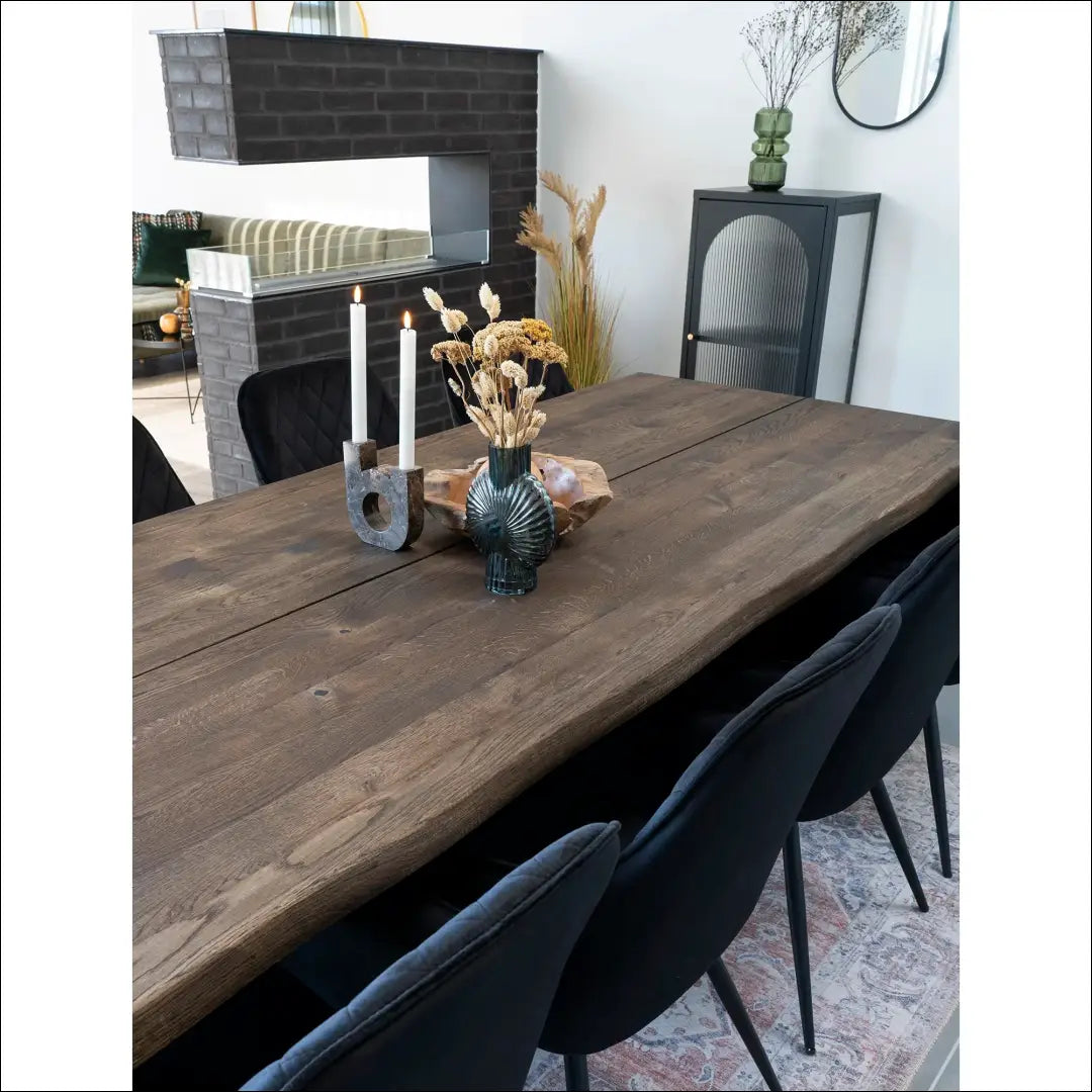 Valgomojo stalas su banguotais kraštais ąžuolo spalvos rūkytos medienos paruoštas prailginamoms lėkštėms 95x240x75 cm