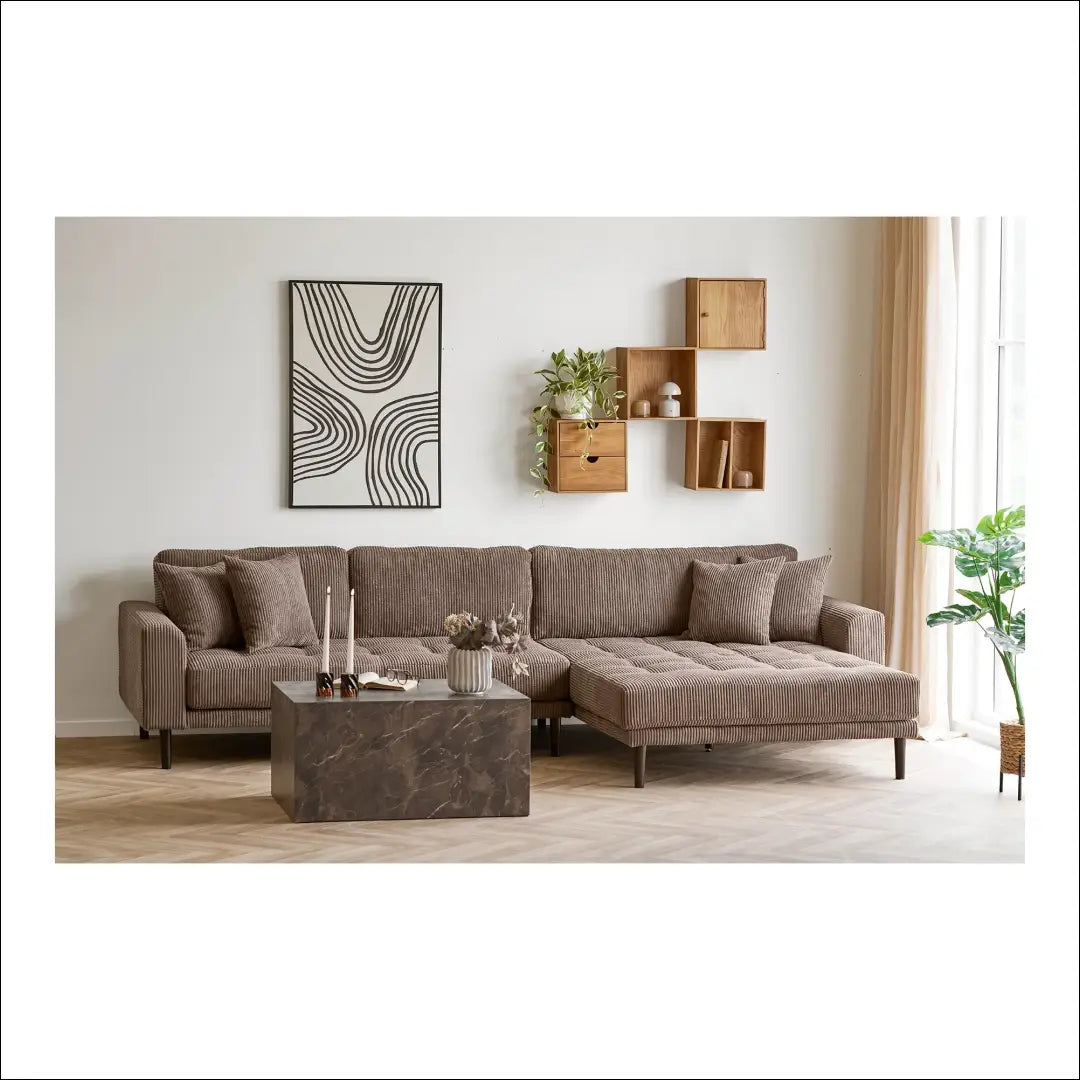 Dešinės pusės poilsio sofa iš rudo velveto su keturiomis pagalvėlėmis ir juodomis medinėmis kojelėmis RD208 - €1,413