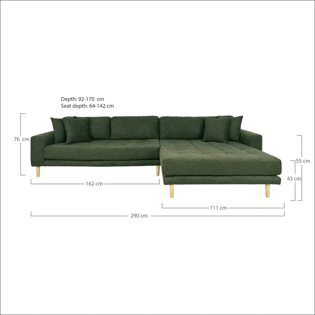 Dešininė alyvuogių žalios spalvos poilsio sofa su keturiomis pagalvėlėmis ir juodomis medinėmis kojelėmis RD196